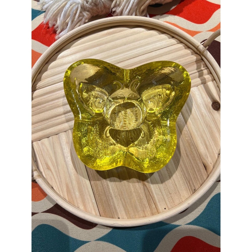 Vintage Yellow Art Glass Butterfly Candle Holder Paperweight Trinket Dish Citron